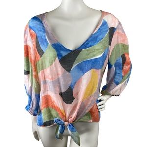 Olivia & Martin Colorblock Woven Blouse V-Neck Tie Front Pullover Top Size Large
